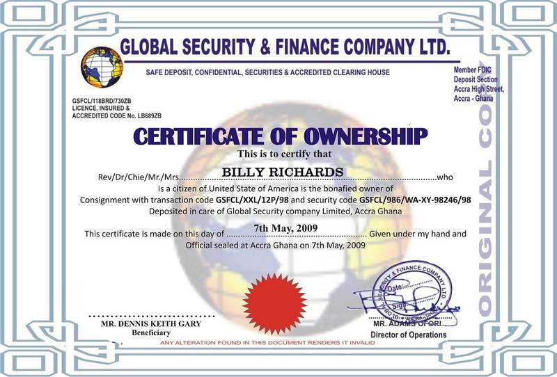 Certificate of Ownership of Gold is a FAKE certificate!