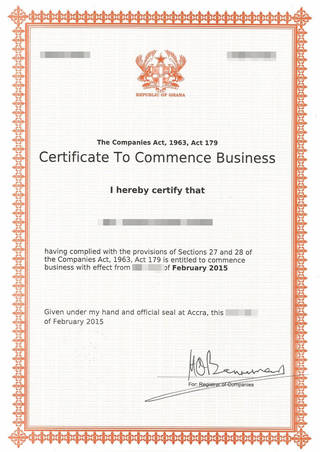 Certificate to Commence Business, Ghana Company